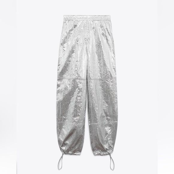 ZARA WOMAN MID RISE METALLIC PARACHUTE TROUSERS PANT SILVER 8338/405/070/015 - Picture 4 of 10